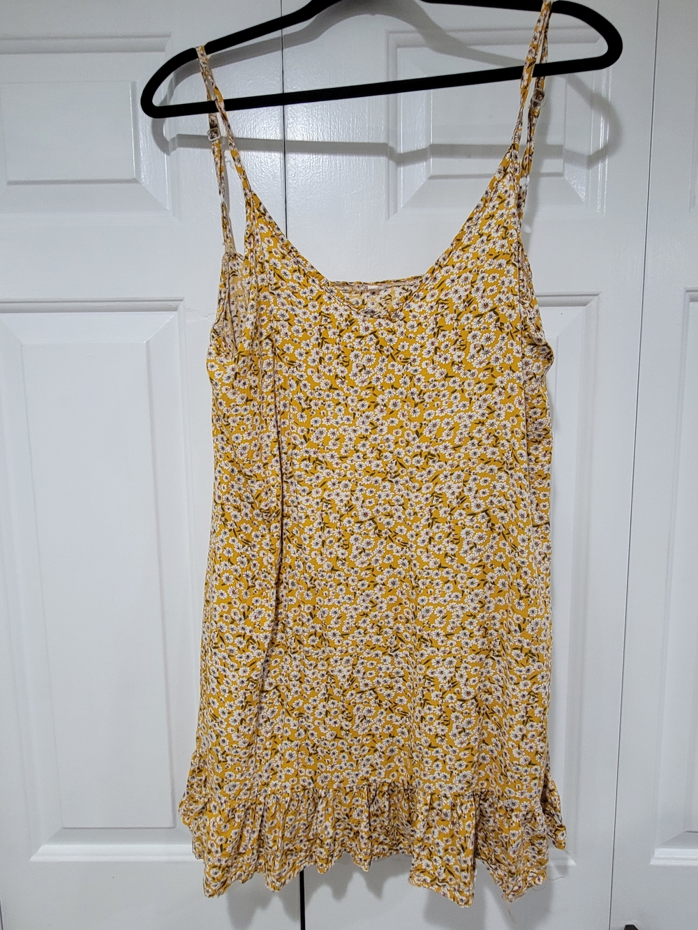 Yellow Daisy Floral Ruffle Hem Spaghetti Strap Cami Tunic Top Mini Dress - L